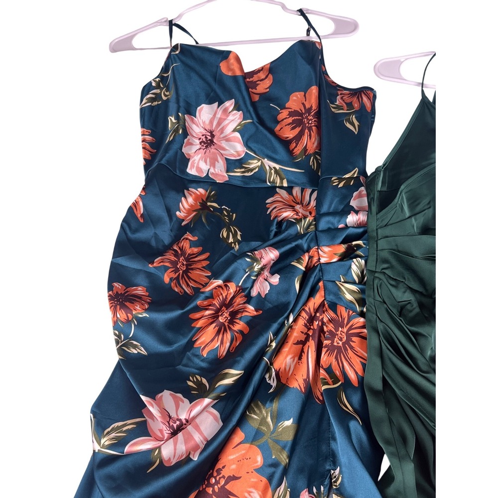 SHEIN Belle Satin Maxi Dress Bundle Floral & Emerald Green Ruched Wrap Size M - Picture 5 of 6